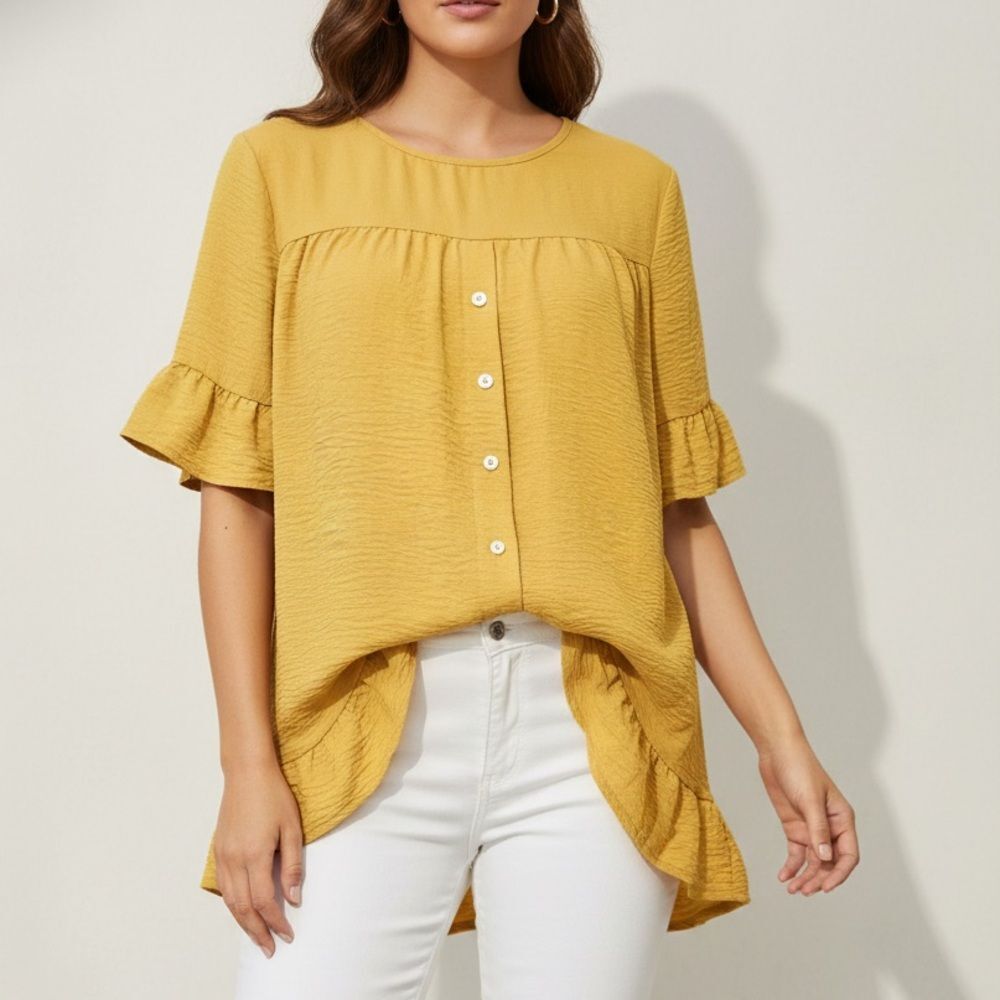 Yellow Ruffled Sleeve Blouse with Button Details sz LG